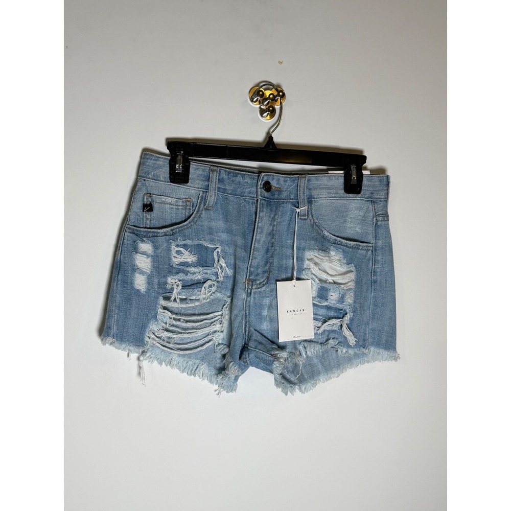 Kancan High Rise Distressed Denim Shorts Light Wash Frayed Hem Sz 3/25